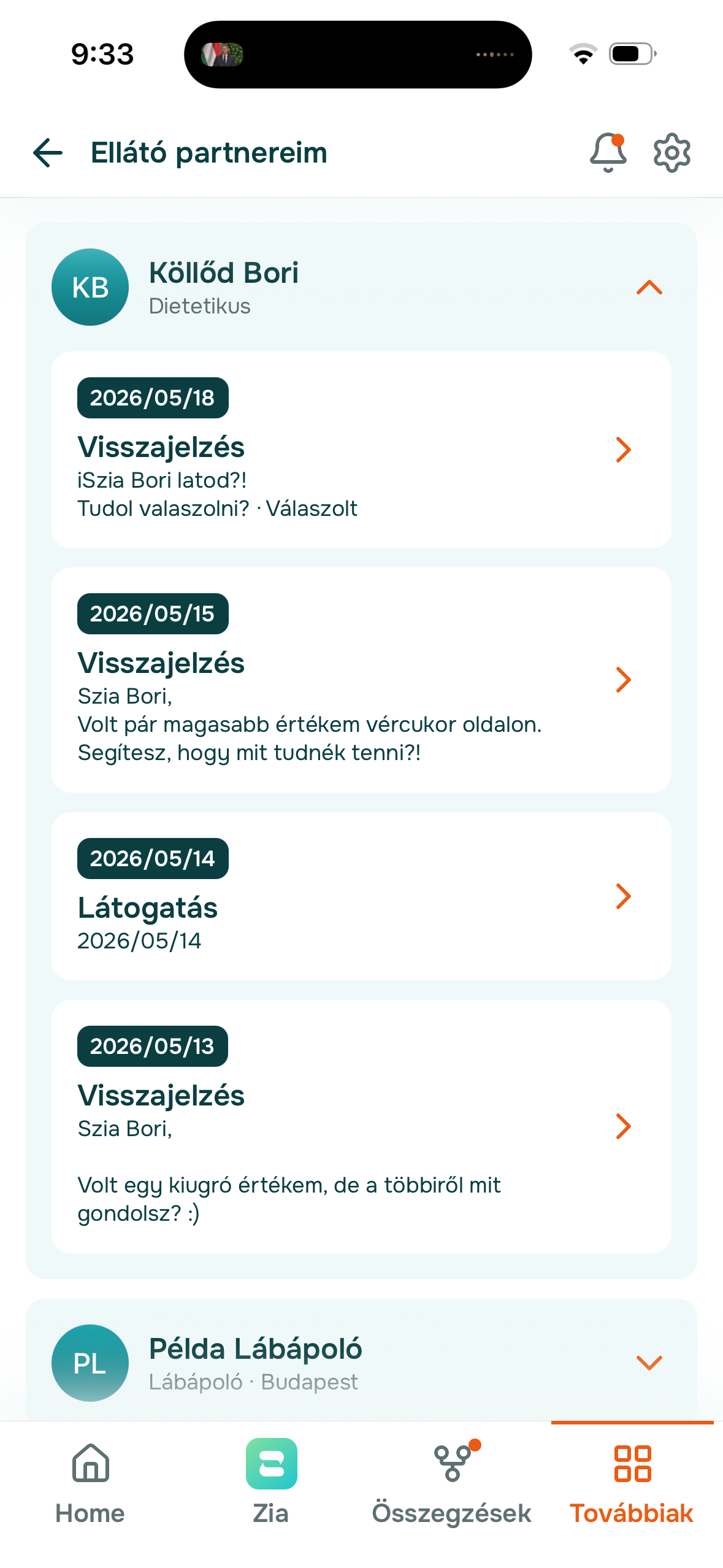 Zia mobil: visszajelzések az ellátó partnertől, dátumokkal